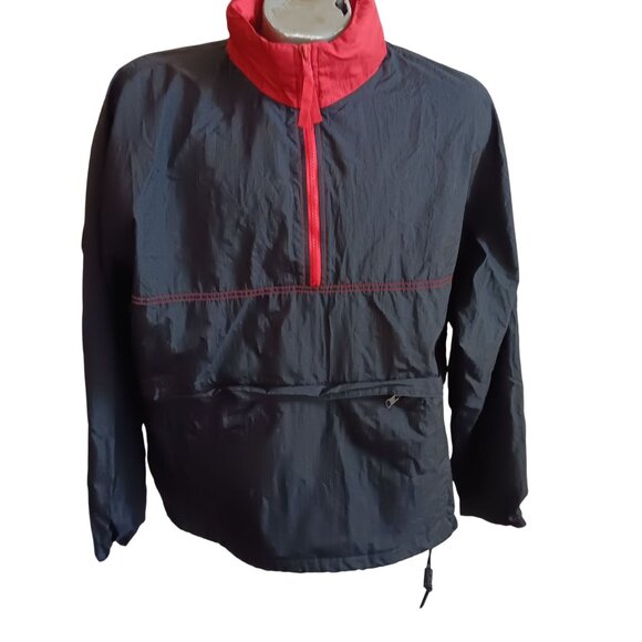 Vintage Men's Large Jacket Windbreaker Red Black Hooded Front 1/2 Zip Pocket - Picture 1 of 5